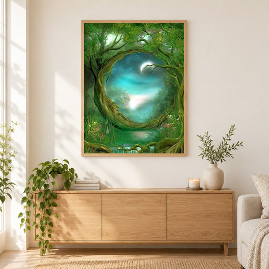 Grüner Fantasiewald als gerahmtes Diamond Painting im Wohnzimmer