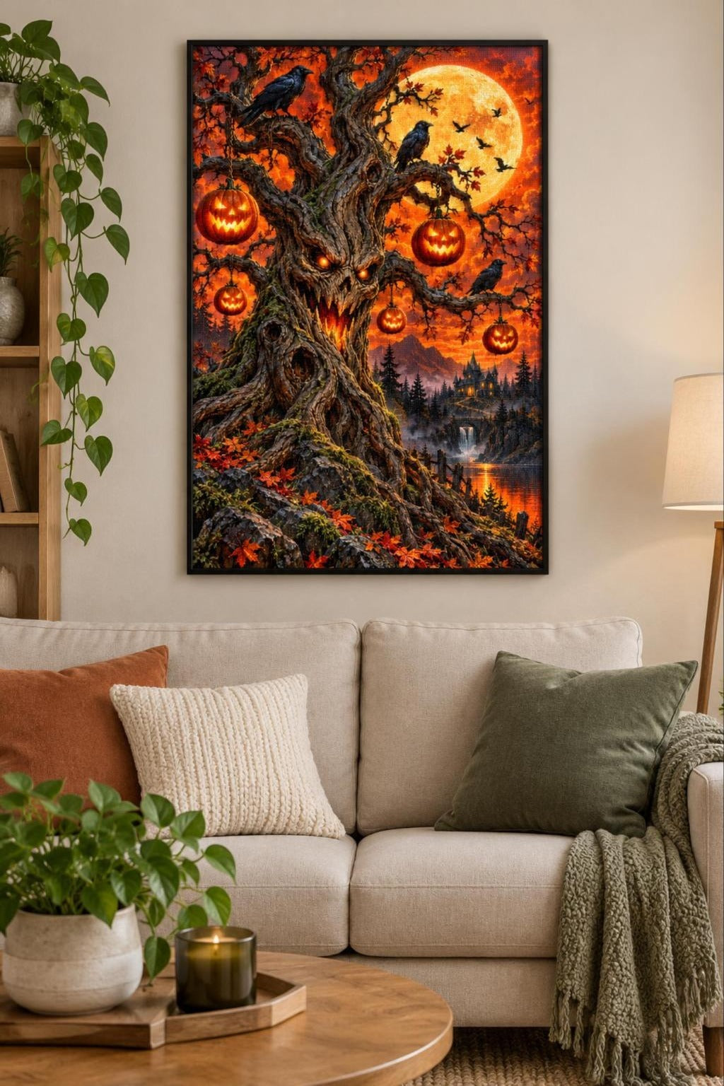 Gruseliger Baum mit Kürbislaternen Diamond Painting als gerahmtes Diamond Painting im Wohnzimmer
