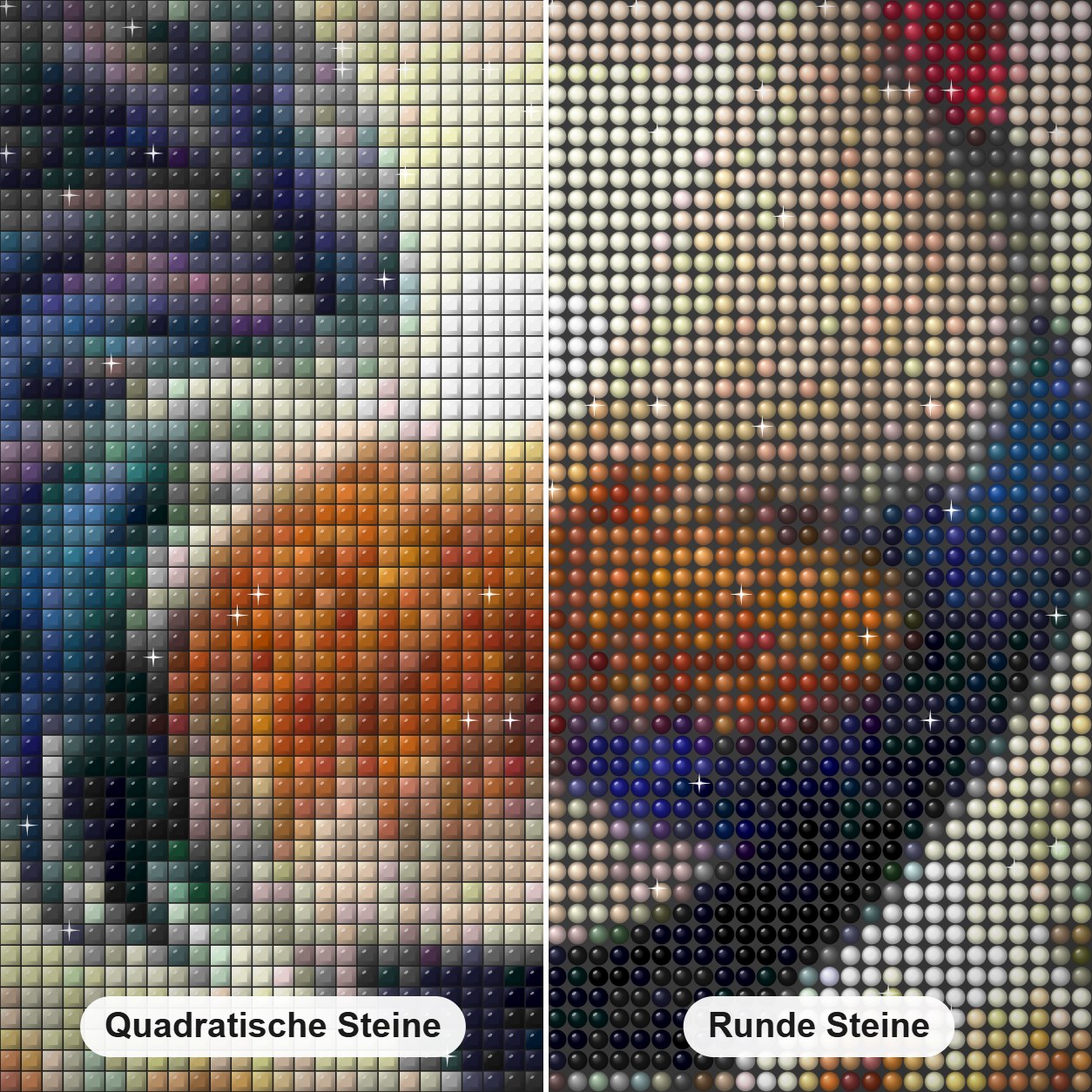 Hahn Diamond Painting Nahaufnahme mit quadratischen und runden Steinen