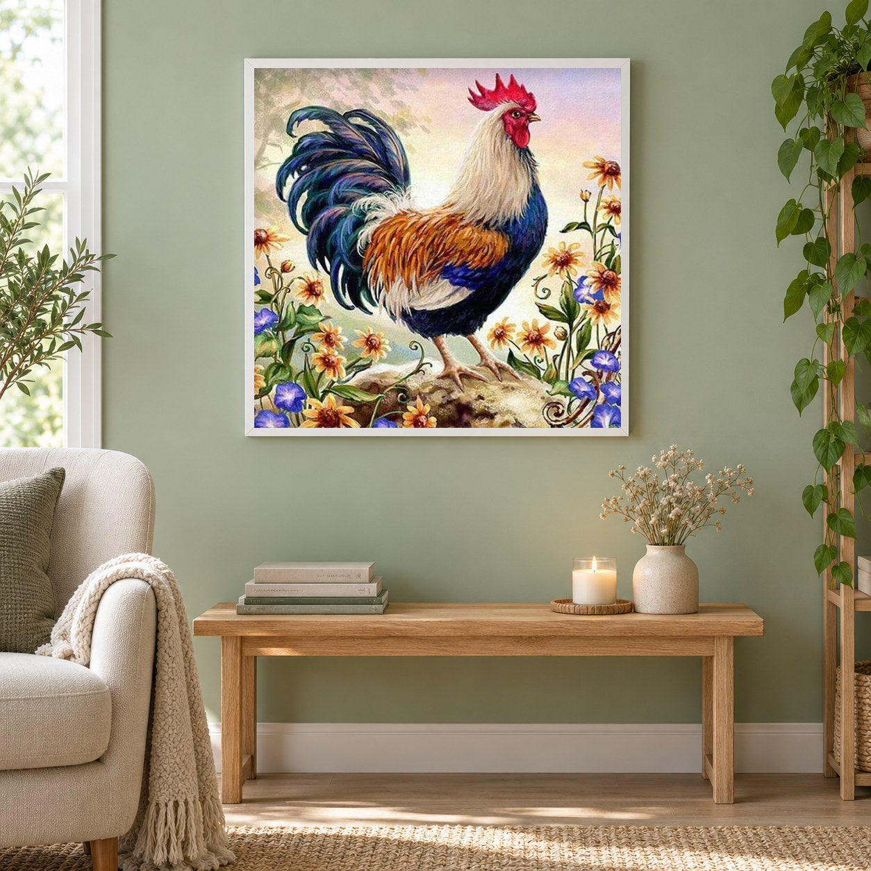 Hahn als gerahmtes Diamond Painting im Wohnzimmer