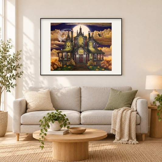 Halloween Spukhaus als gerahmtes Diamond Painting im Wohnzimmer