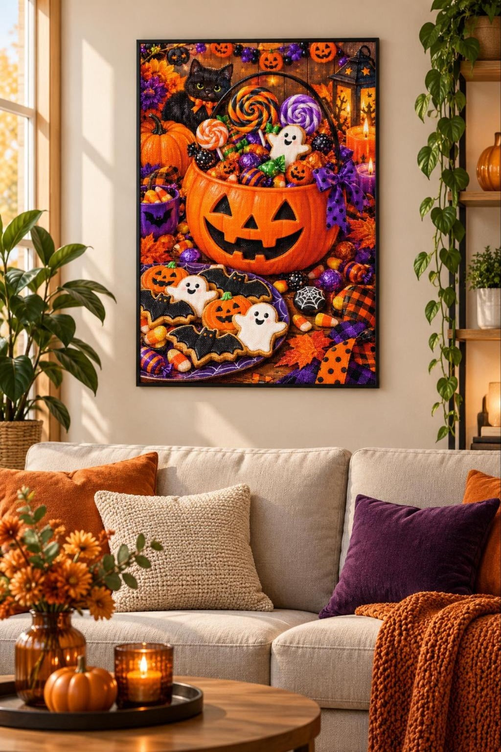 Halloween Süßigkeiten Stillleben Diamond Painting als gerahmtes Diamond Painting im Wohnzimmer