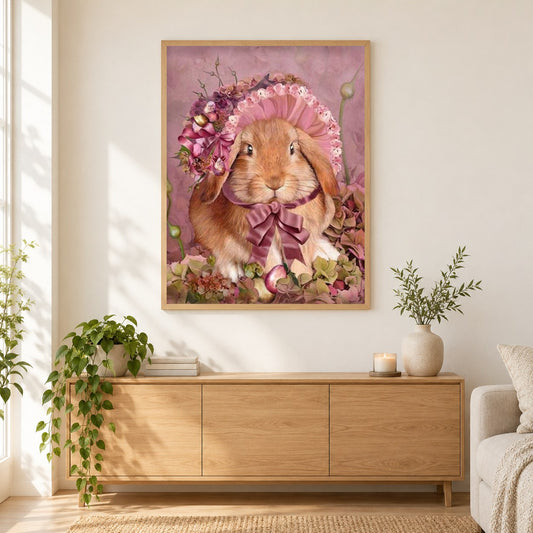 Hase mit Blumenhut als gerahmtes Diamond Painting im Wohnzimmer