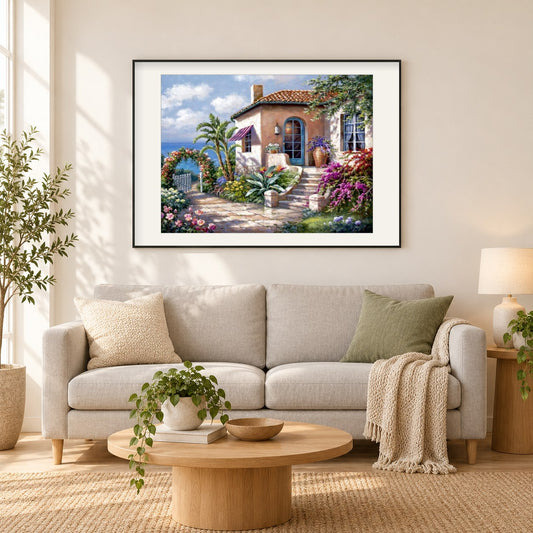 Haus mit Garten am Meer als gerahmtes Diamond Painting im Wohnzimmer