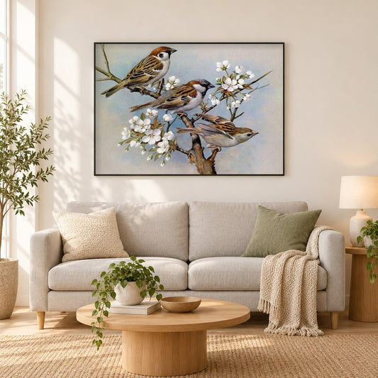 Haussperlinge als gerahmtes Diamond Painting im Wohnzimmer