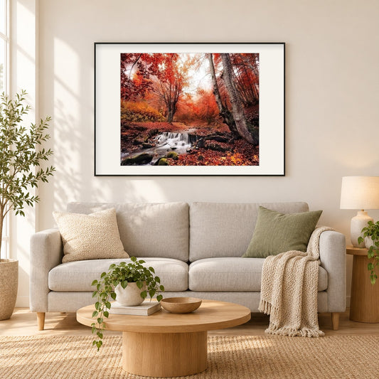 Herbst Wald Landschaftsmalerei als gerahmtes Diamond Painting im Wohnzimmer