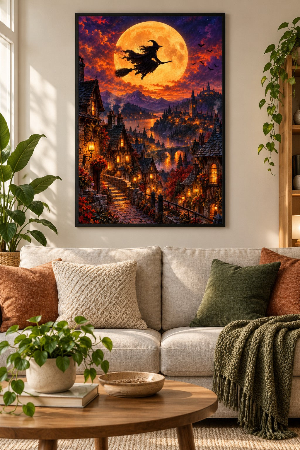 Hexe fliegt über das Dorf Diamond Painting als gerahmtes Diamond Painting im Wohnzimmer