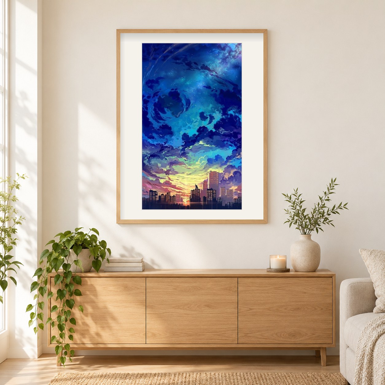 Hoher Himmel Gebäude als gerahmtes Diamond Painting im Wohnzimmer
