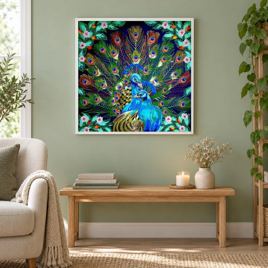 Hübsche Pfauen mit ausgebreiteten Flügeln als gerahmtes Diamond Painting im Wohnzimmer