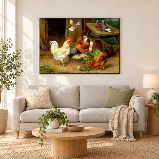 Hühner & Tauben als gerahmtes Diamond Painting im Wohnzimmer