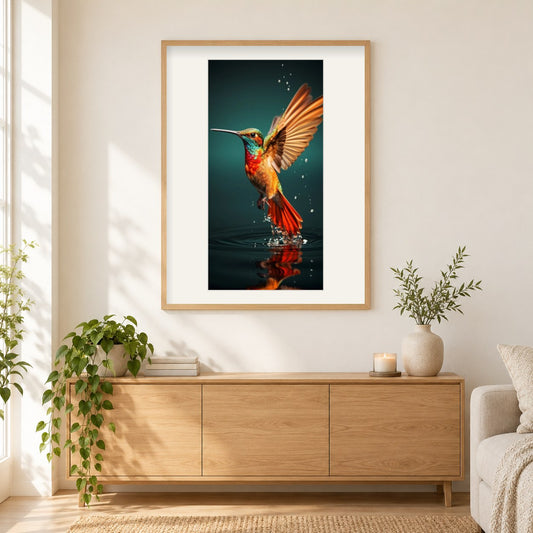 Flatternder Tanz des Kolibris auf dem Wasser als gerahmtes Diamond Painting im Wohnzimmer