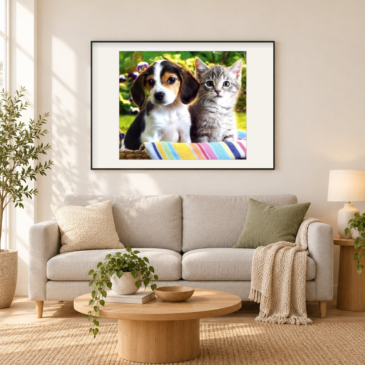 Hund Katze als gerahmtes Diamond Painting im Wohnzimmer