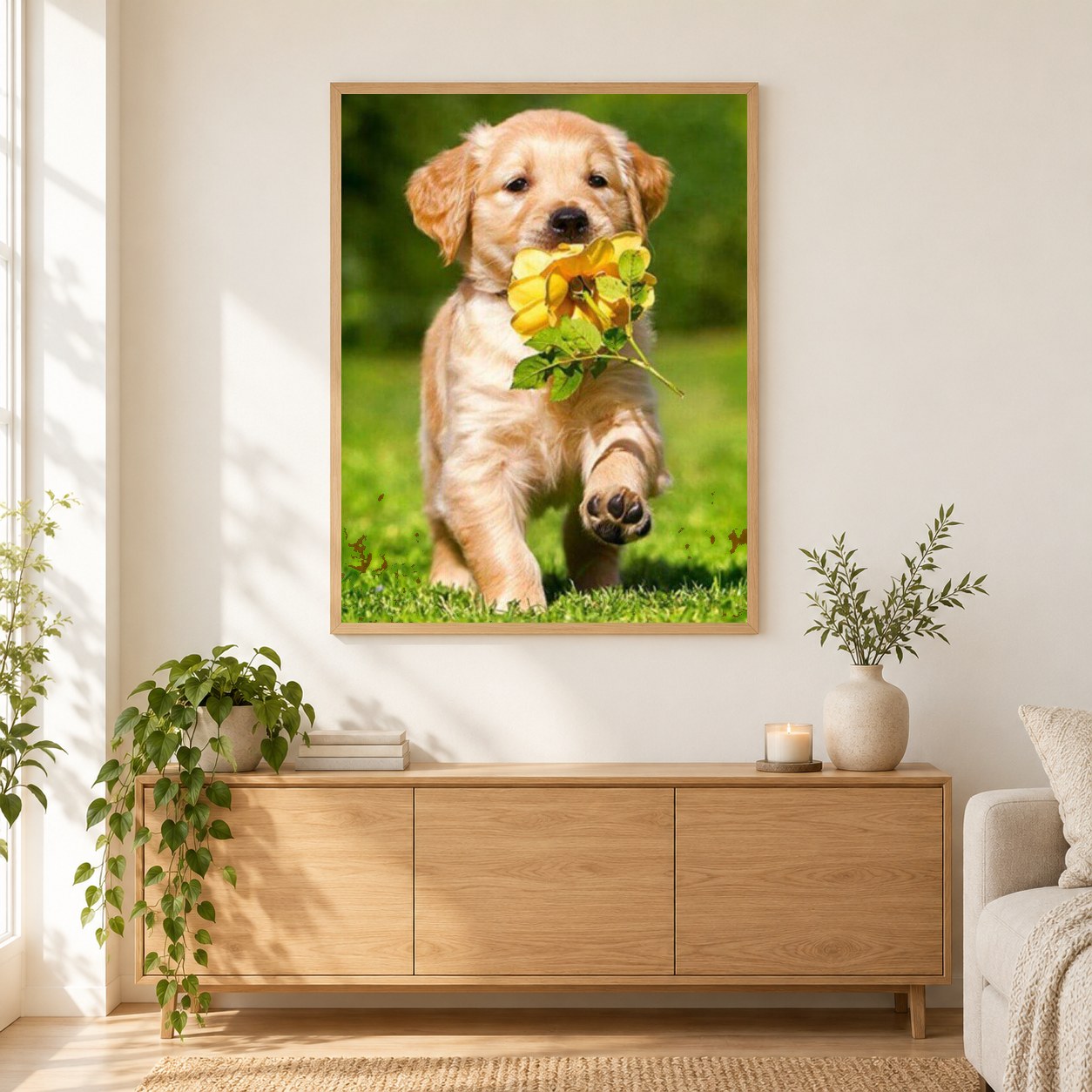 Hund läuft mit Blume im Mund als gerahmtes Diamond Painting im Wohnzimmer