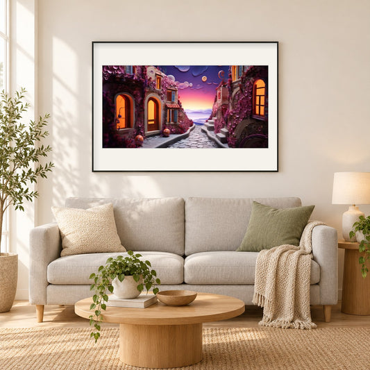 Es ist Zeit für die Morgenbrise als gerahmtes Diamond Painting im Wohnzimmer