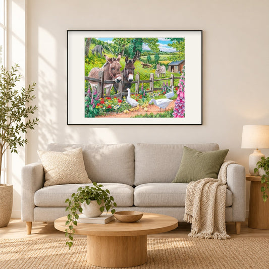Jack & Jenny Lorbeer Sammlung als gerahmtes Diamond Painting im Wohnzimmer