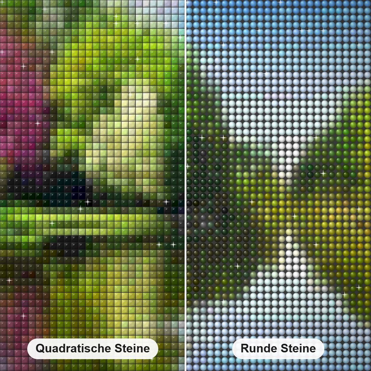 Jahreszeiten Diamond Painting Nahaufnahme mit quadratischen und runden Steinen