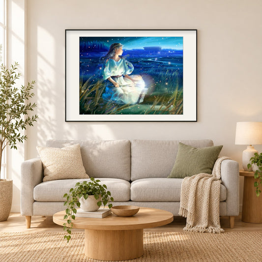 Jungfrau Tierkreis als gerahmtes Diamond Painting im Wohnzimmer