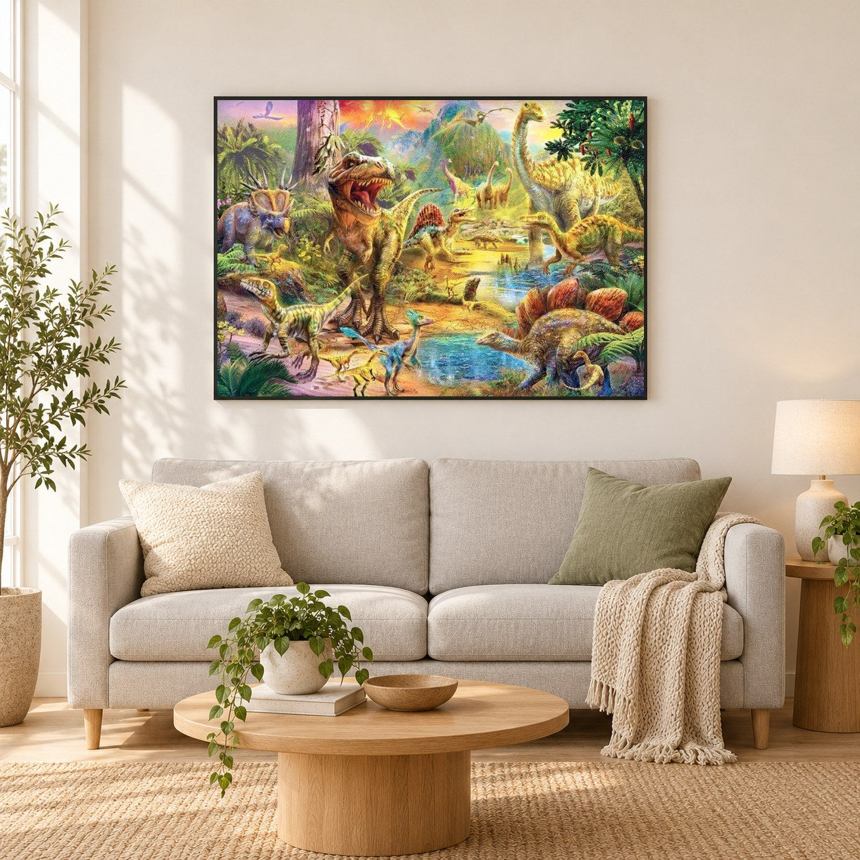 Jura-Land als gerahmtes Diamond Painting im Wohnzimmer