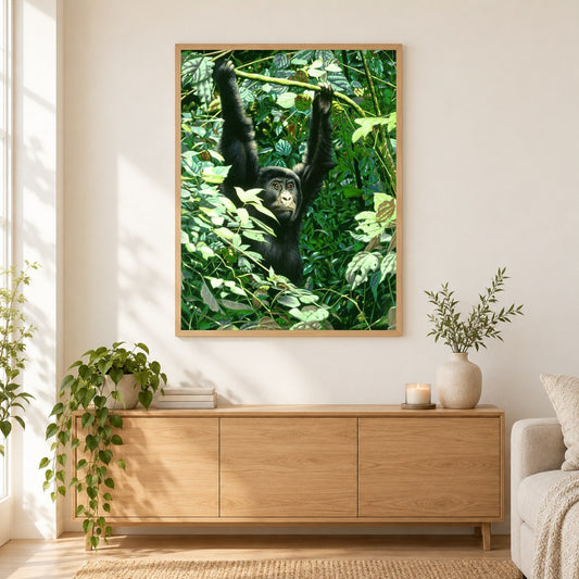 Junger Gorilla - Kunst des Eric Wilson als gerahmtes Diamond Painting im Wohnzimmer
