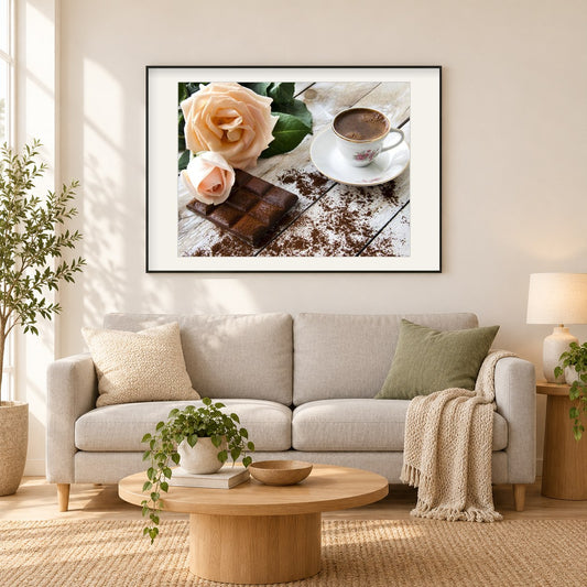 Kaffeetasse & Schokoriegel als gerahmtes Diamond Painting im Wohnzimmer