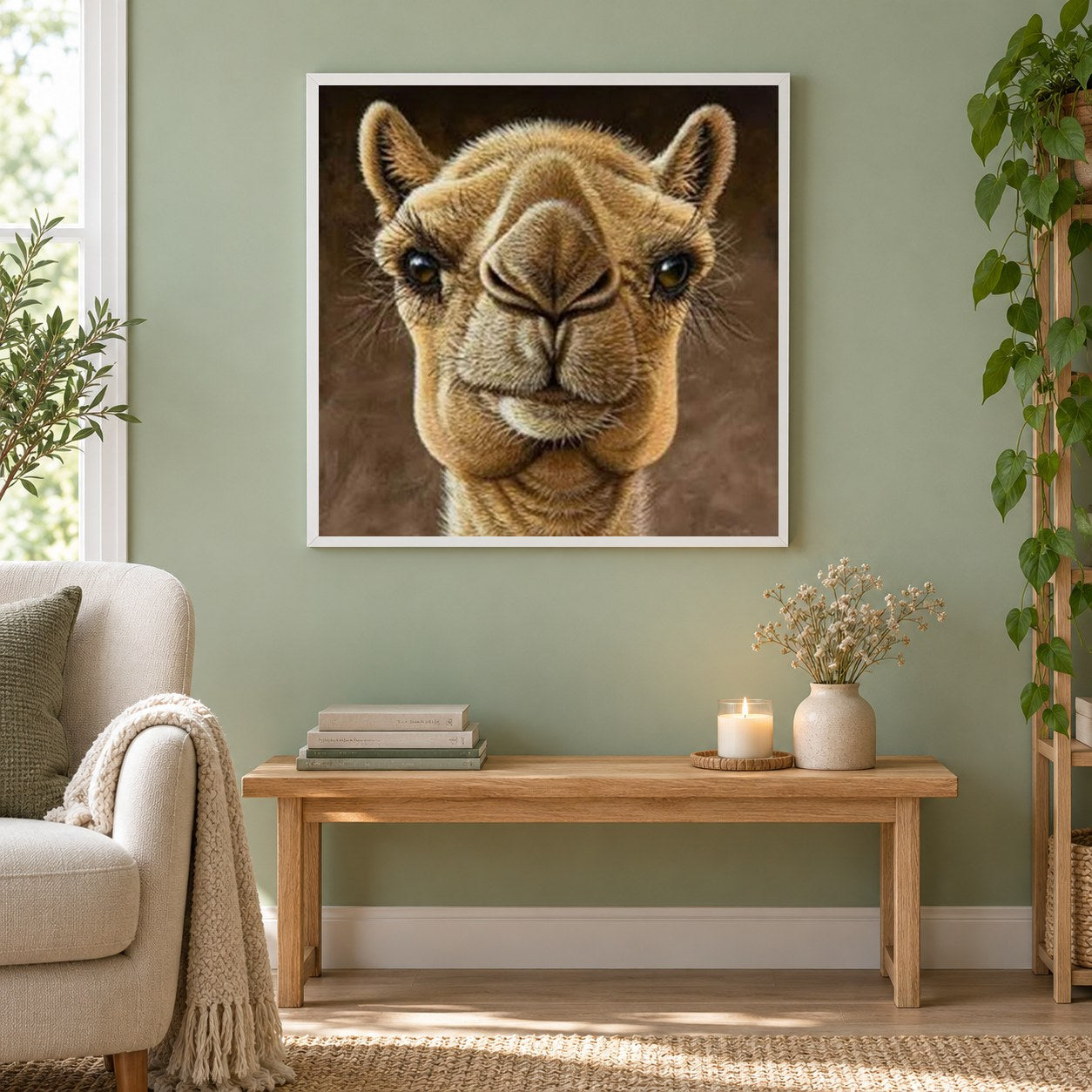 Kamel als gerahmtes Diamond Painting im Wohnzimmer