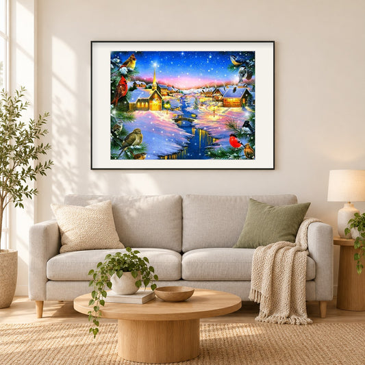 Kardinäle in der Winternacht als gerahmtes Diamond Painting im Wohnzimmer
