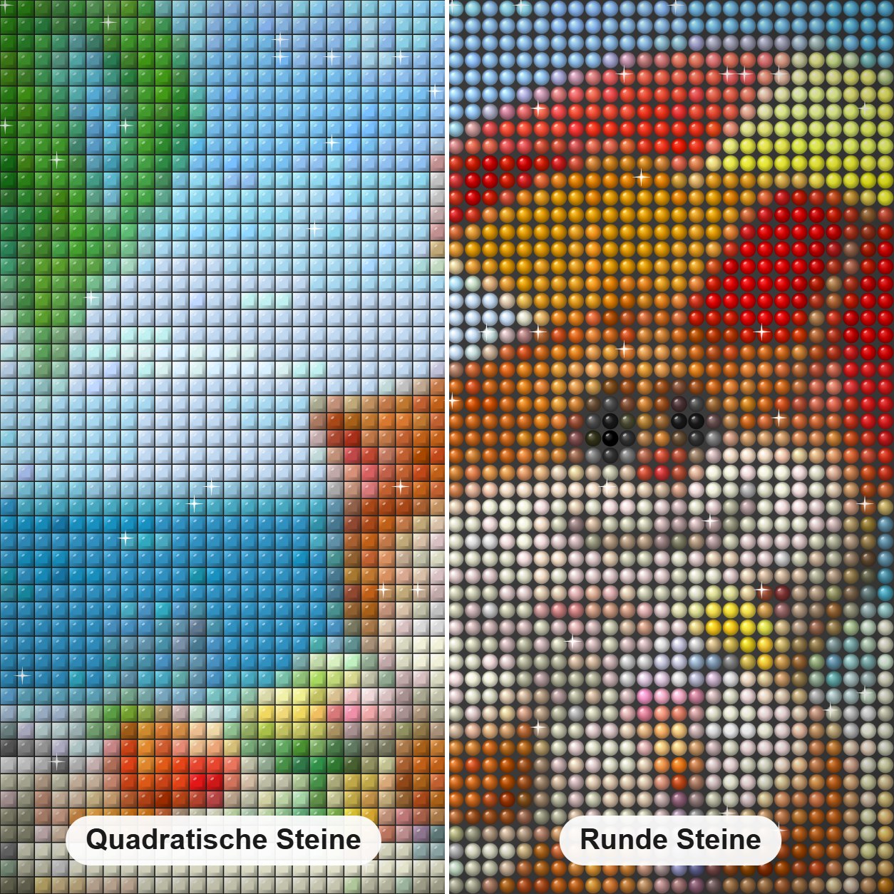 Karikatur am Strand Diamond Painting Nahaufnahme mit quadratischen und runden Steinen
