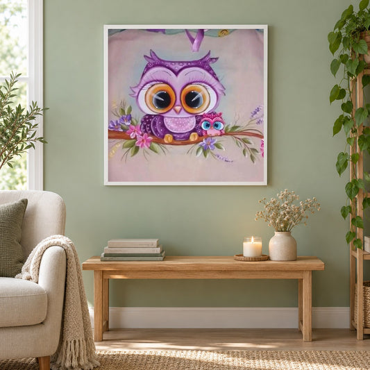 karikatur Eule mit Baby als gerahmtes Diamond Painting im Wohnzimmer