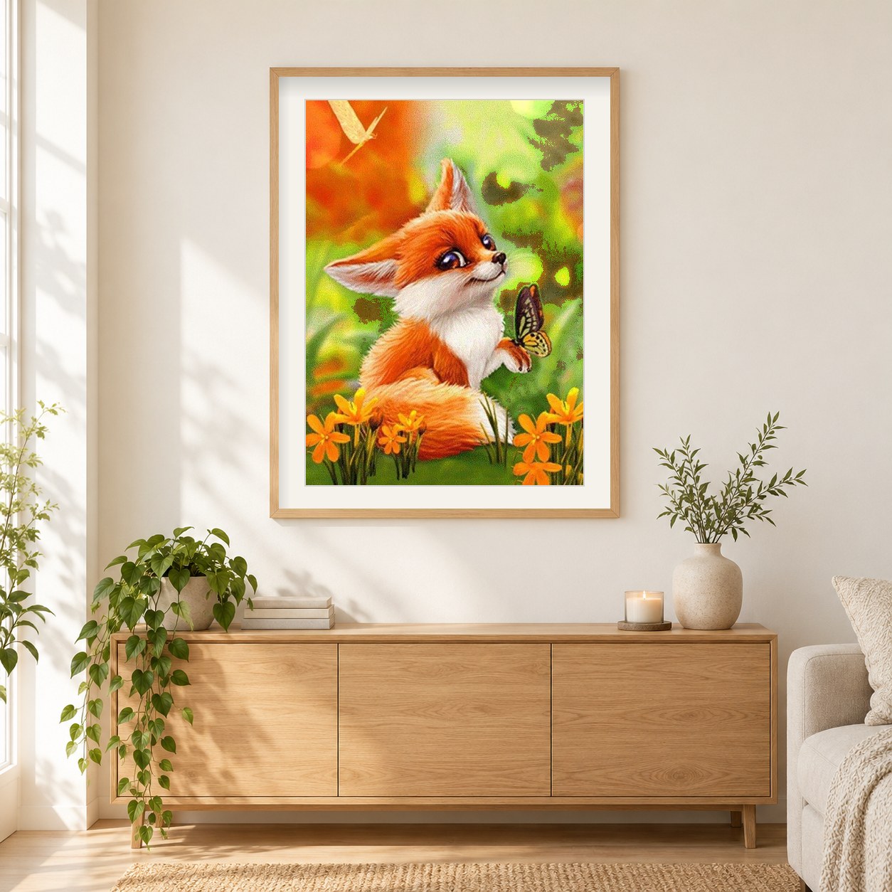 Karikatur Fuchs & Schmetterling als gerahmtes Diamond Painting im Wohnzimmer