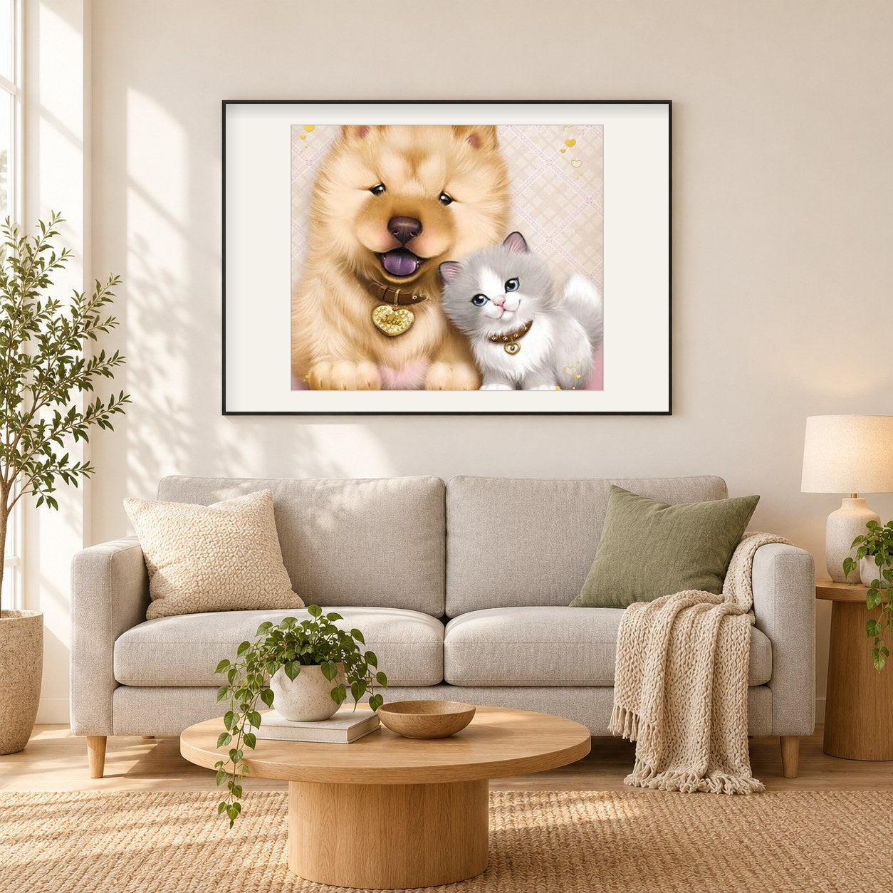 karikatur Hund & Katze als gerahmtes Diamond Painting im Wohnzimmer