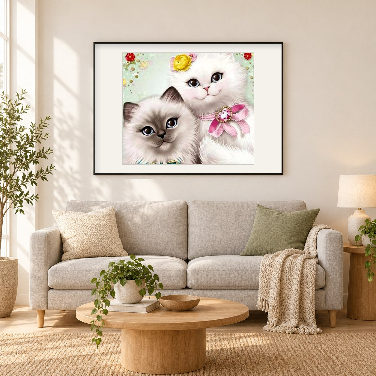 Karikatur Katzen als gerahmtes Diamond Painting im Wohnzimmer