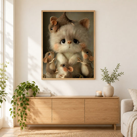 Karikatur Katzen & Maus als gerahmtes Diamond Painting im Wohnzimmer