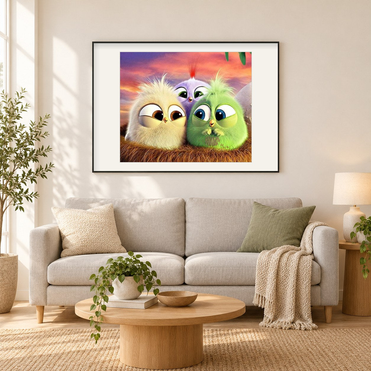 Karikatur Vögel als gerahmtes Diamond Painting im Wohnzimmer