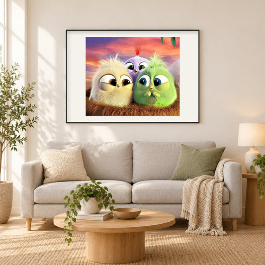 Karikatur Vögel als gerahmtes Diamond Painting im Wohnzimmer