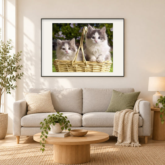 Kätzchen im Korb als gerahmtes Diamond Painting im Wohnzimmer