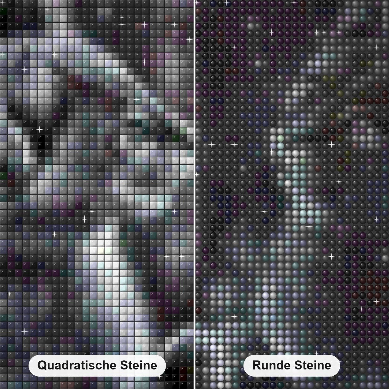Katze bewundert ihr Spiegelbild Diamond Painting Nahaufnahme mit quadratischen und runden Steinen