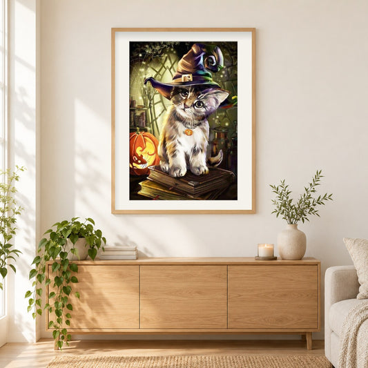 Katze feiert Halloween als gerahmtes Diamond Painting im Wohnzimmer