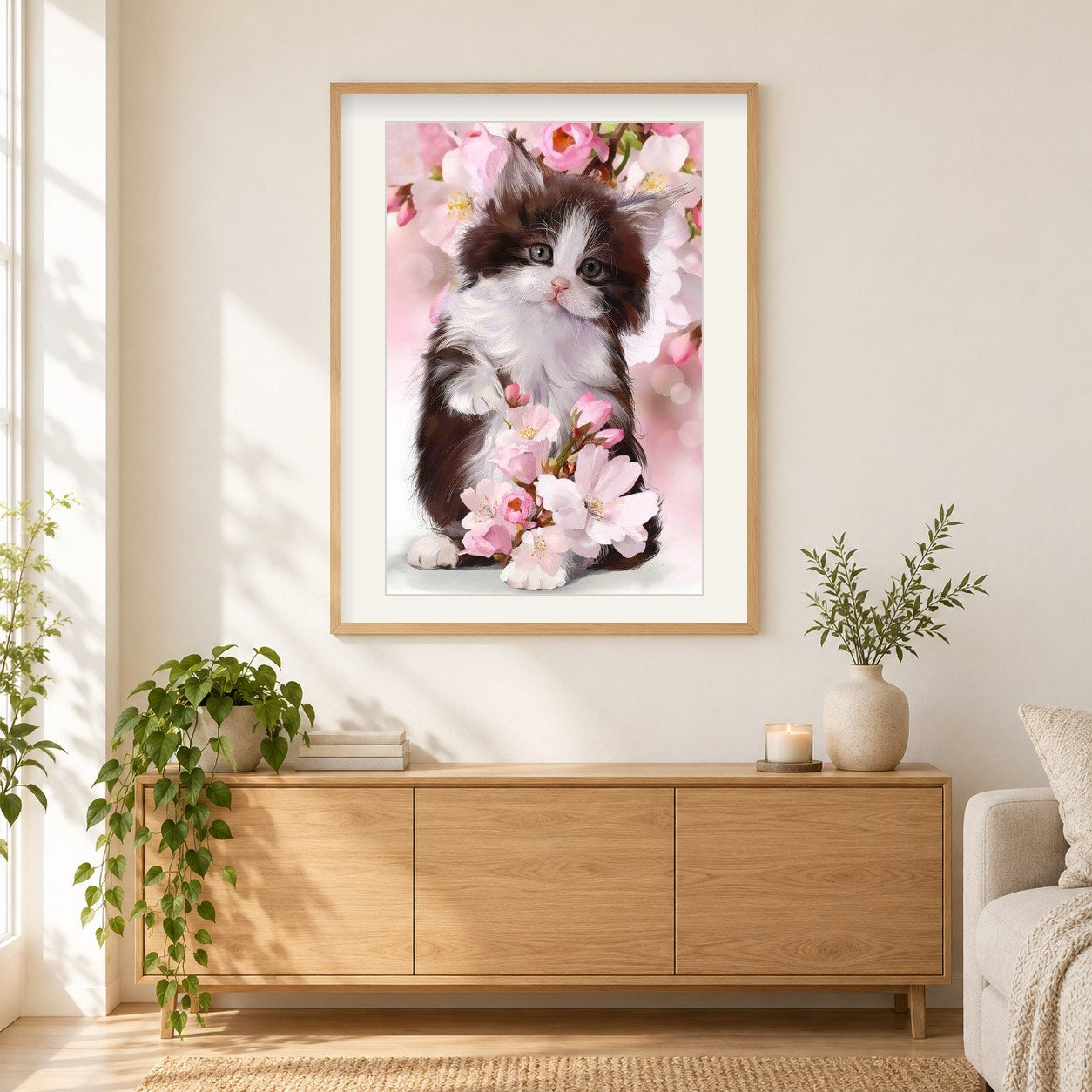 Katze in Kirschblüte als gerahmtes Diamond Painting im Wohnzimmer