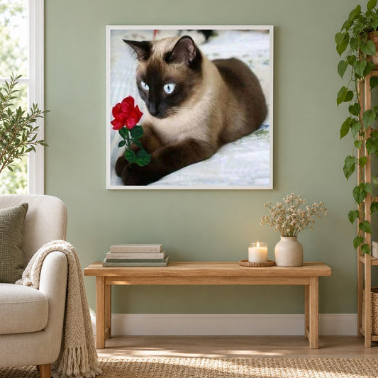 Katze mit roter Rose als gerahmtes Diamond Painting im Wohnzimmer