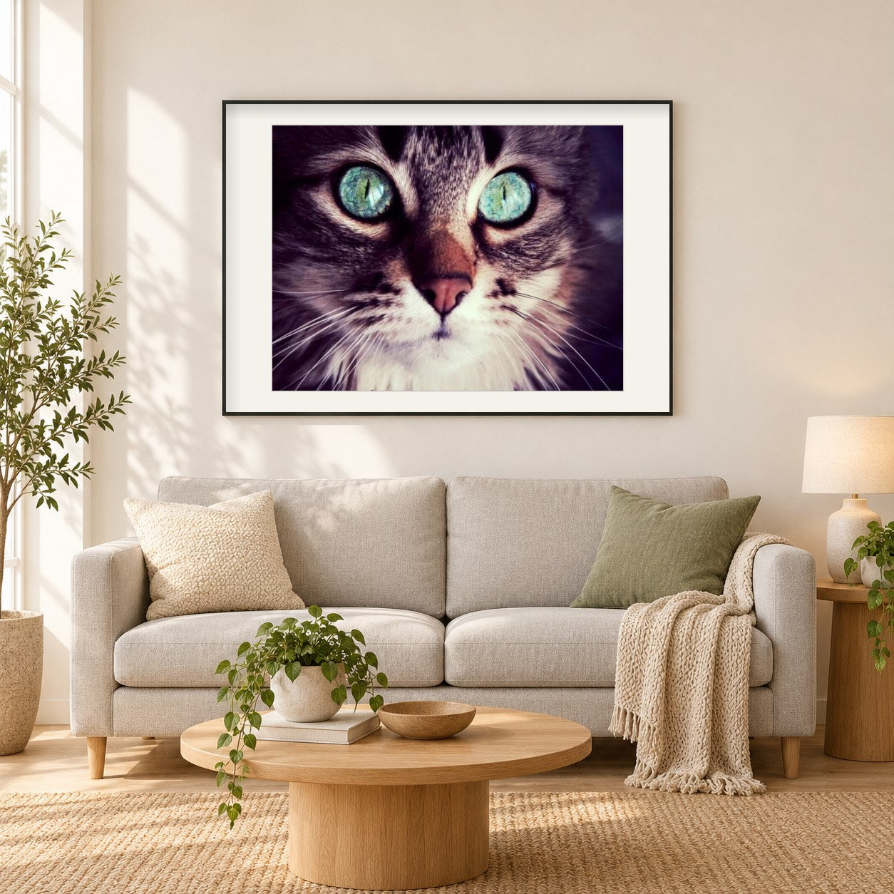 Katze mit türkisfarbenen Augen als gerahmtes Diamond Painting im Wohnzimmer