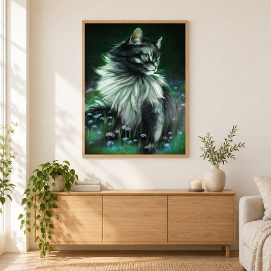 Katze voller Drill als gerahmtes Diamond Painting im Wohnzimmer