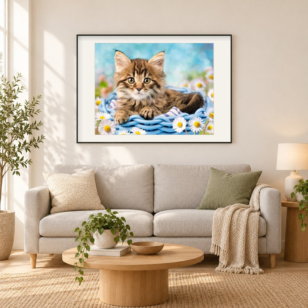 Katze & weiße Gänseblümchen als gerahmtes Diamond Painting im Wohnzimmer