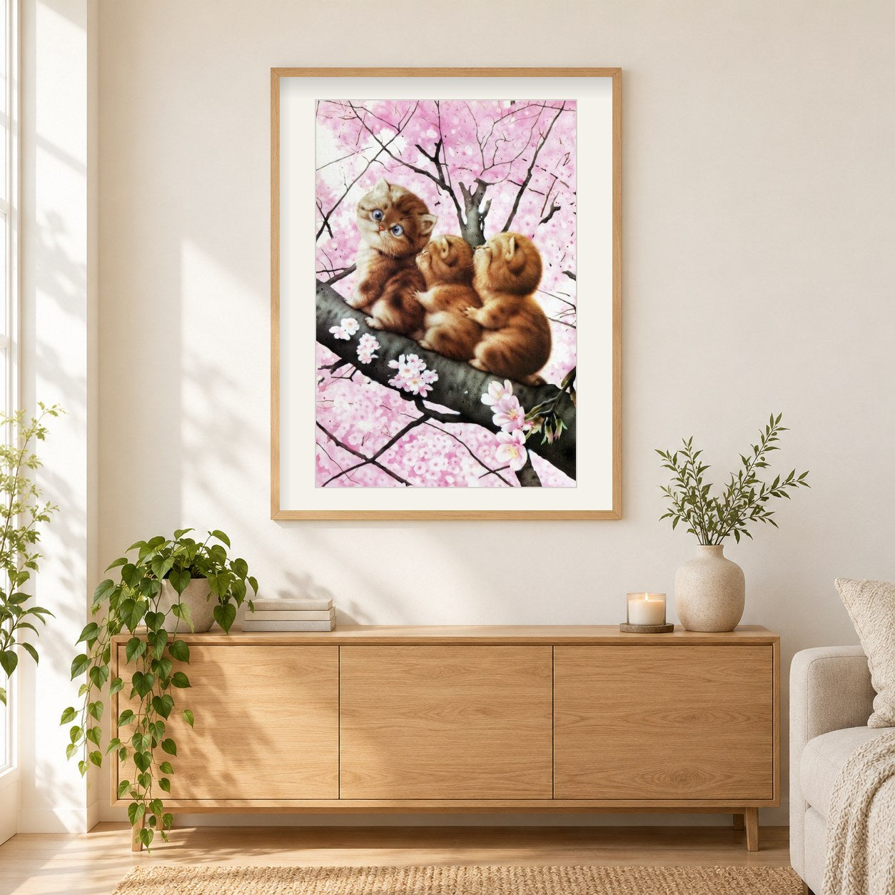 Katzen auf Kirschbaum als gerahmtes Diamond Painting im Wohnzimmer