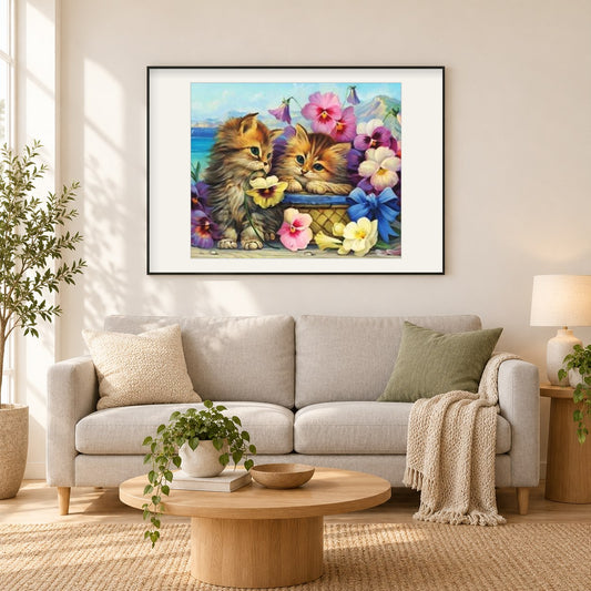 Katzen & bunte Blumen als gerahmtes Diamond Painting im Wohnzimmer