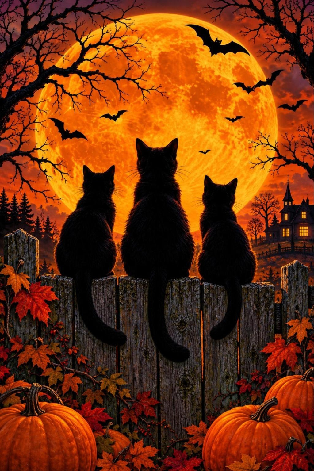 Schwarze Katzen am Gartenzaun Diamond Painting