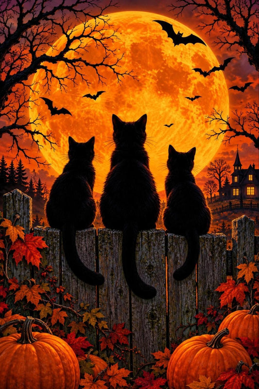 Schwarze Katzen am Gartenzaun Diamond Painting