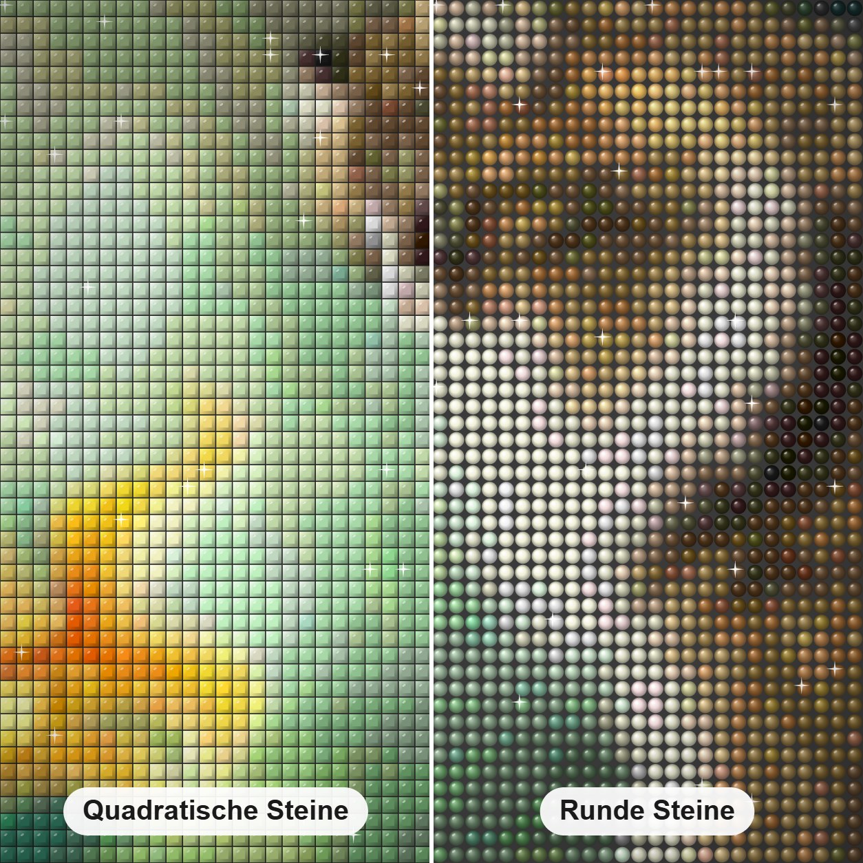 Katzen- und Goldfisch Diamond Painting Nahaufnahme mit quadratischen und runden Steinen