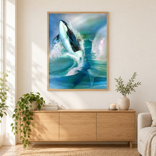 Killerwal als gerahmtes Diamond Painting im Wohnzimmer