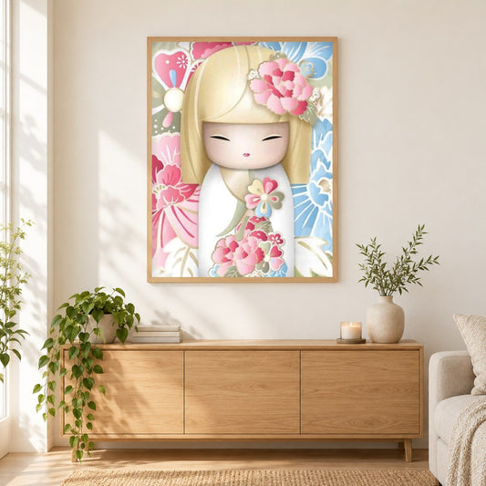 Kimmi Puppe als gerahmtes Diamond Painting im Wohnzimmer