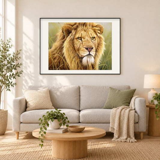 König der Bestien - Kunst des Eric Wilson als gerahmtes Diamond Painting im Wohnzimmer